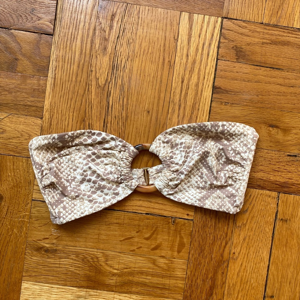 Toluca Neutral Snake-Print Bandeau Bikini Top with Ring